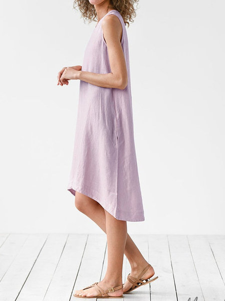 

JFN Cotton & Linen Breathable Comfortable Wide Front Short Back Long Round Neck Casual Dress, Purple, Dresses