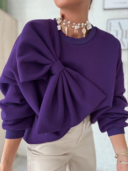 

Plus Size Daily Casual Bow Plain Loose Sweatshirt, Purple, Plus Tops