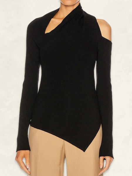 

Casual Plain One Shoulder Long Sleeve T-shirt, Black, T-shirts