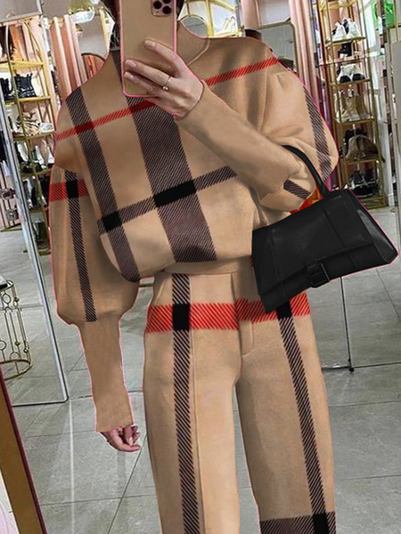 

Plus size Half Turtleneck Urban Plaid Loose Sweatshirt, As picture, Plus Tops