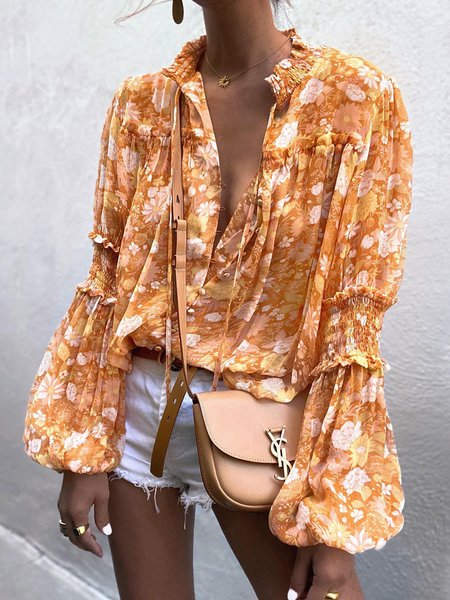 

V Neck Long Sleeve Floral Regular Loose Shirt For Women, Orange, Blouses