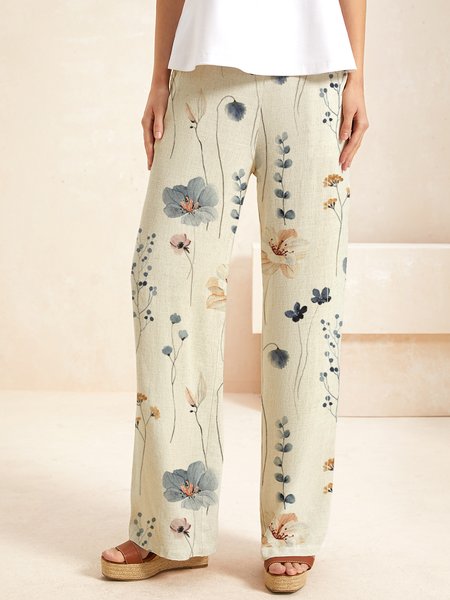 

Women Casual Linen Floral Print Long Loose Pants, Khaki, Pants