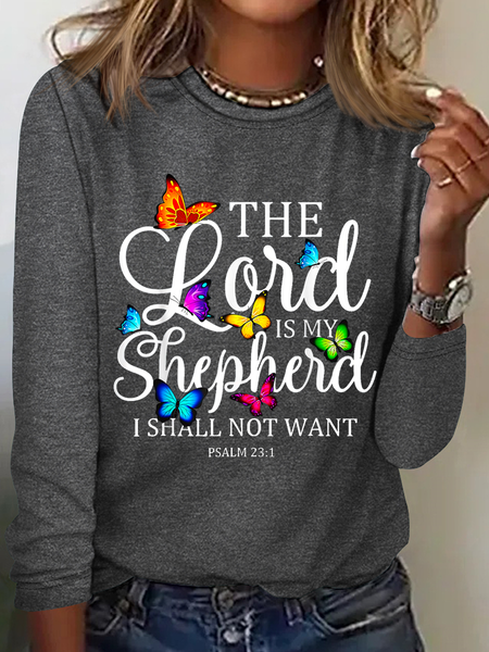 

The Lord is My Shepherd Butterfly Art Simple Cotton-Blend Long Sleeve Shirt, Gray, Long sleeves