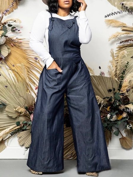 Daily Pocket Casual Plain Faux Denim Wide Leg Jumpsuit, Blue, Denim Jumpsuits