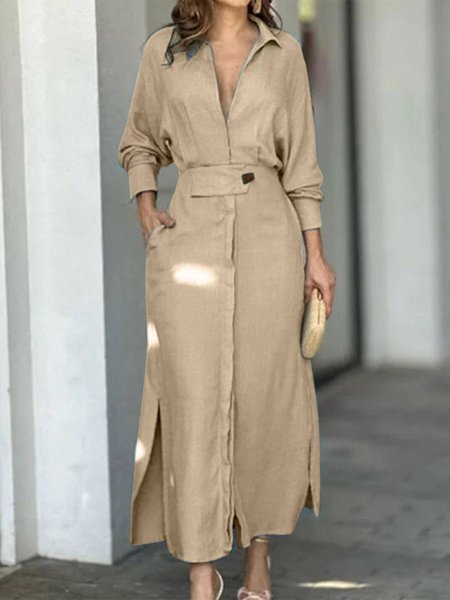 

Simple Regular Fit Plain Dress With No Belt, Apricot, Shirt Dresses
