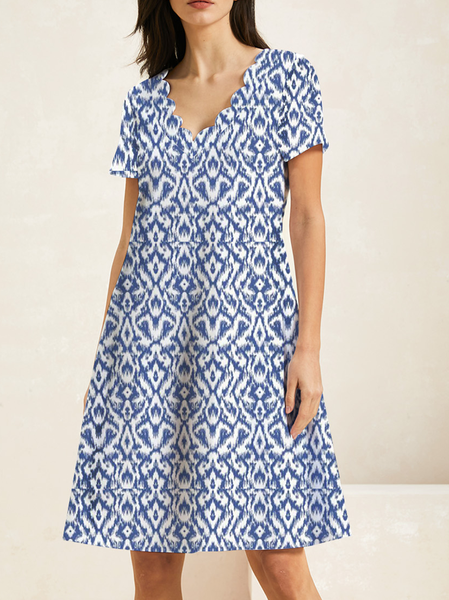 

Women Ethnic Lace Collar Short Sleeve Comfy Casual Short Dress, Blue, Dresses