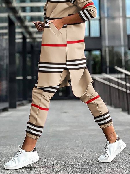 

Plus Size Daily Striped Regular Fit Urban Pants, Khaki, Plus Pants