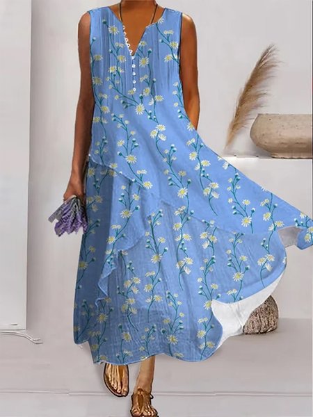 

Buttoned Floral Casual Dress, Blue, Maxi Dresses