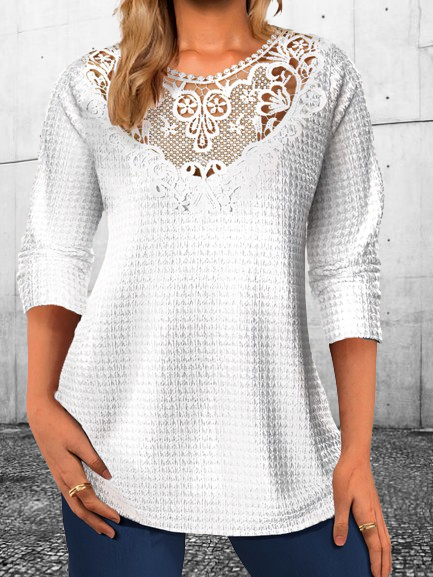 Casual Plain Crew Neck Long Sleeve T-shirt, White, T-shirts