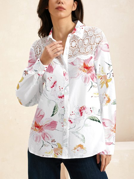 

Women's Blouse Shirt Collar Long Sleeve Floral Lace Regular Loose Shirt, Red, Blouses