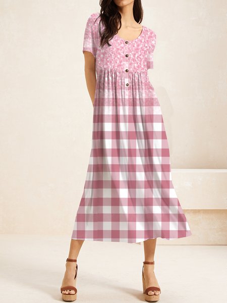 

Women Plaid Crew Neck Short Sleeve Comfy Casual Buckle Maxi Dress, Pink, Dresses