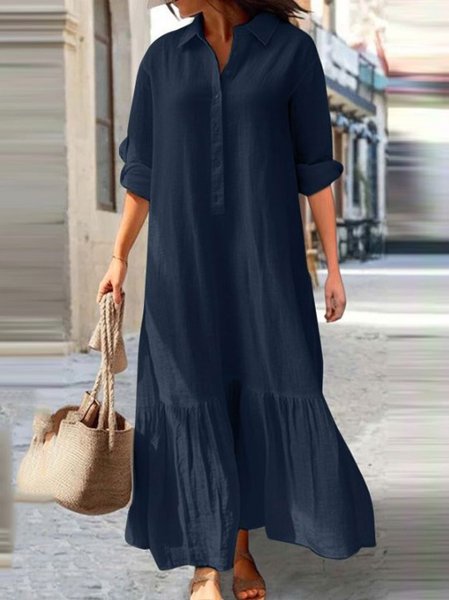 

Loose Casual Shirt Collar Dress, Deep blue, Maxi Dresses