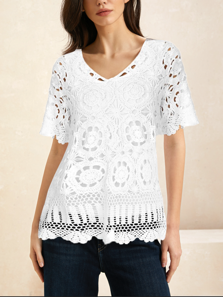 

Women Casual Plain V Neck Short Sleeve Lace T-shirt, White, T-shirts