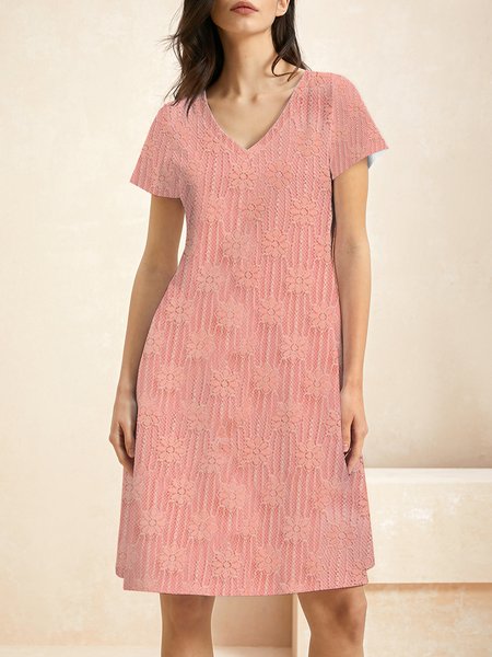 Women Plain V Neck Short Sleeve Comfy Casual Lace Short Dress, Pink, Dresses
