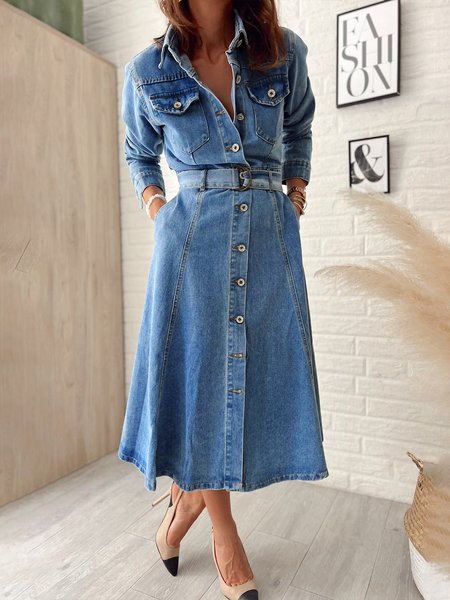 

Shirt Collar Urban Denim Pocket Stitching Denim Dress With Belt, Blue, Maxi Dresses