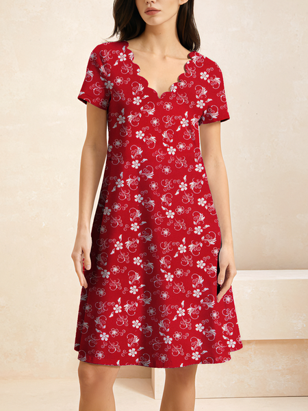 Women Floral Lace Collar Short Sleeve Comfy Casual Short Dress, Red, Dresses