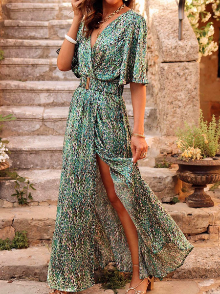 

Women Disty Floral V Neck Short Sleeve Comfy Boho Maxi Dress wedding guest dress, Green, Dresses
