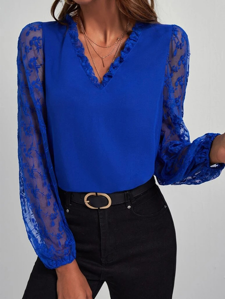 Casual Lace V Neck Loose Shirt