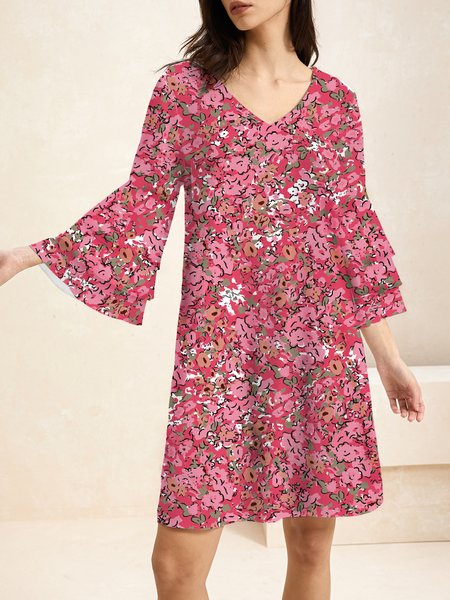 

Women Floral V Neck Three Quarter Sleeve Comfy Casual Short Dress, Red, Dresses