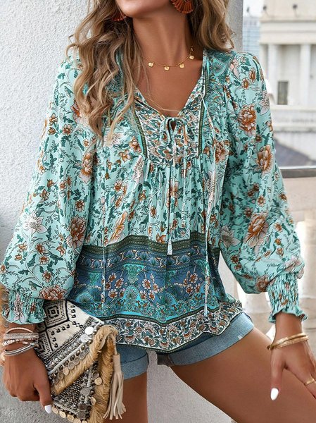 

V Neck Long Sleeve Ethnic Regular Loose Shirt For Women, Pink, Blouses