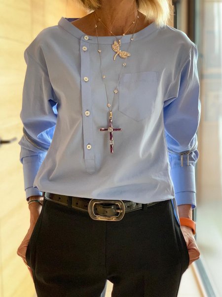 

Loose Urban Plain Long Sleeve Blouse, Sky blue, Blouses and Shirts