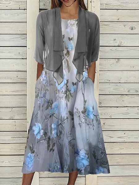 

Women's Jersey Floral Pattern Daily Going Out Two Piece Set Short Sleeve Casual Summer Coat With Skirt Matching Set, Gray, Suit Set