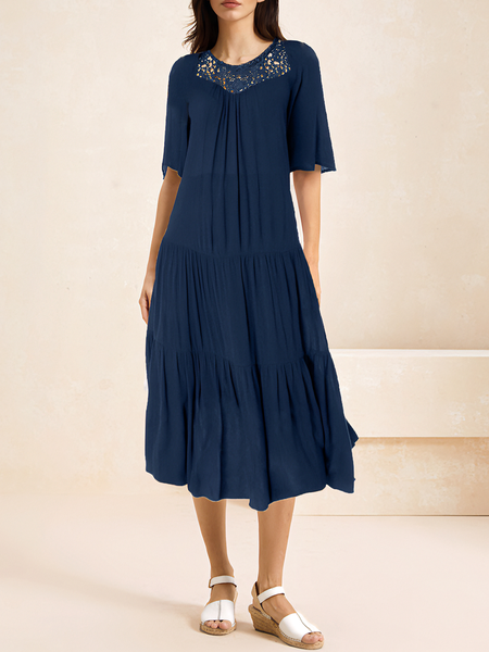 

Women Solid Smocked Ruffle Pleated Comfy Casual Midi Dress, Blue, Midi