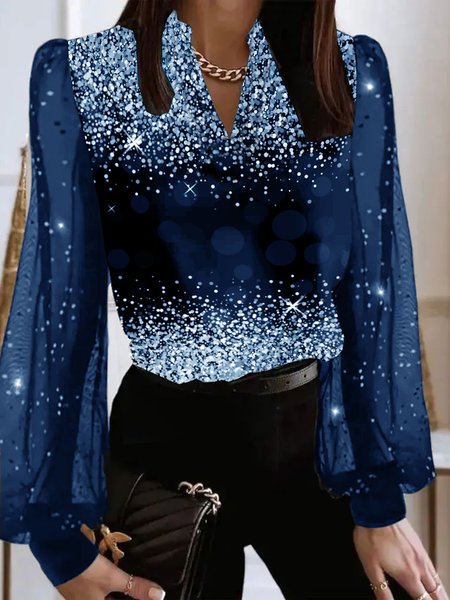 

V Neck Balloon Sleeve Long Sleeve Gradient Pattern Mesh Regular Loose Blouse For Women, Deep blue, Blouses