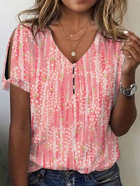 

Loose Casual V Neck Abstract Polka Dots T-Shirt, Pink, T-Shirts