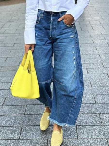 Plain Casual Denim Pockets Horseshoe Wide Leg Jeans, Blue, Jeans