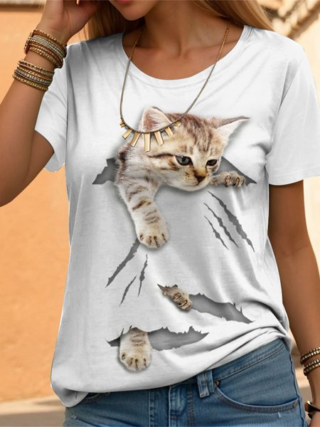 

Cat Loose Casual T-Shirt, White, T-Shirts