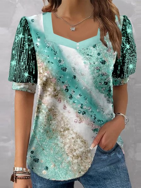 

Gradient Pattern Loose Casual V Neck T-Shirt, Green, T-Shirts