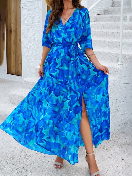 

Chiffon Bow V Neck Vacation Dress With Belt, Blue, Dresses