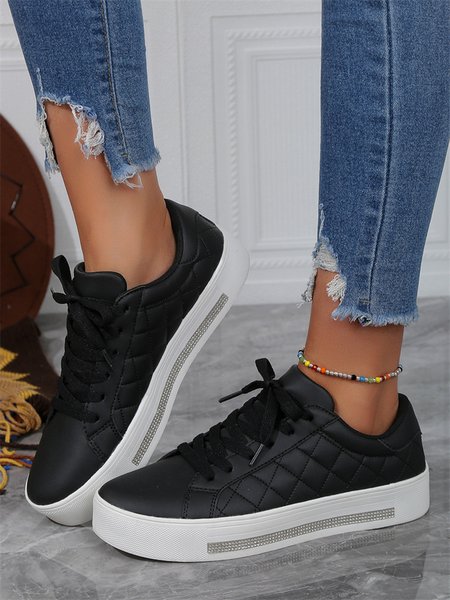 

Casual Rhinestone Plaid Quilted Lace-Up Skate Shoes, Black, Sneakers