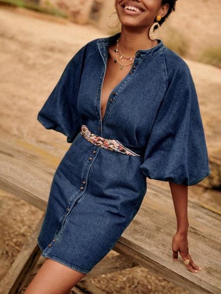 

Lantern Sleeve Plain Urban Denim Dress With No Belt, Blue, Mini Dresses