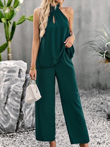 

Women Plain Halter Sleeveless Comfy Casual Top With Pants Two-Piece Set, Green, Sets