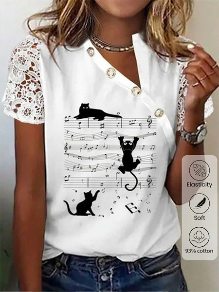 

Asymmetrical Collar Long Sleeve Cat Lace Regular High Elasticity Loose Shirt For Women, White, Blouses
