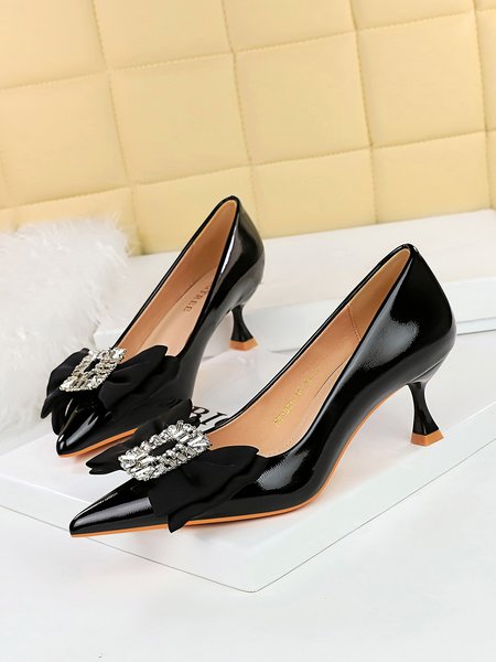 

Sparkling Rhinestone Bowknot Black PU Patent Leather Party Wine Glass Heeled Pumps, Heels