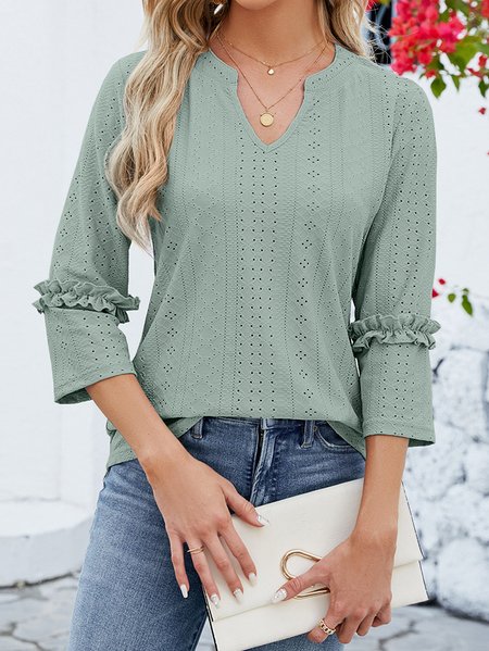 

V Neck Casual Plain T-Shirt, Green, T-Shirts