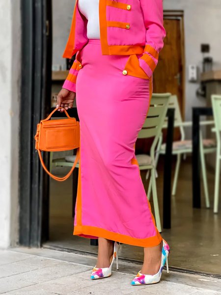 

Regular Fit Elegant Color Block Midi Skirt, Deep pink, Skirts