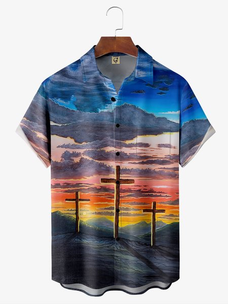Easter Cross Chest Pocket Short Sleeve Hawaiian Shirt