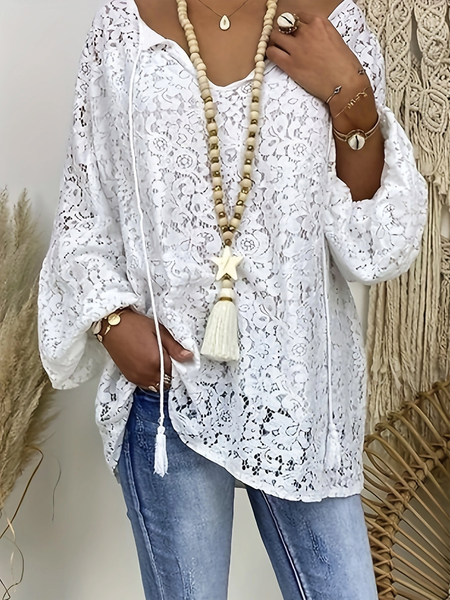 

Lace V Neck Casual Plain Shirt, White, Blouses & Shirts