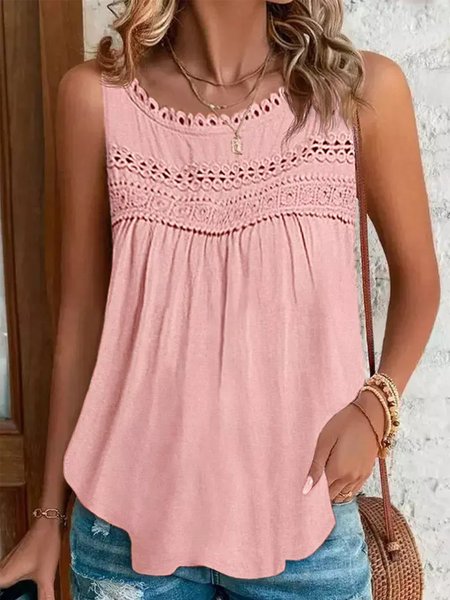 

Plain Lace Casual Loose Tank Top, Pink, Tank Tops & Camis