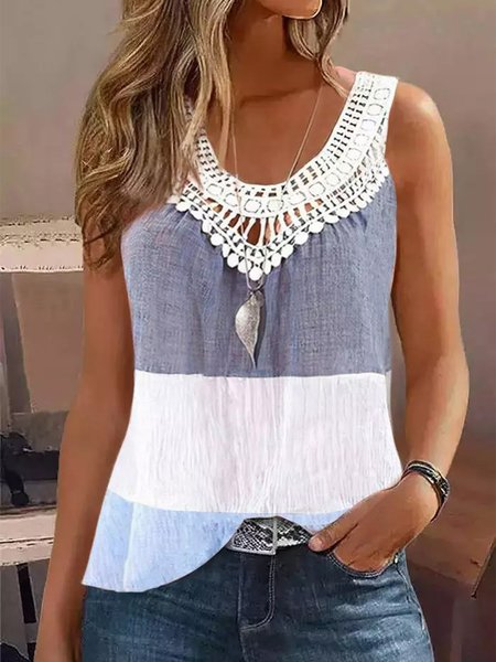 

Cotton-Blend Lace Casual Tank Top, Blue, Tank Tops & Camis