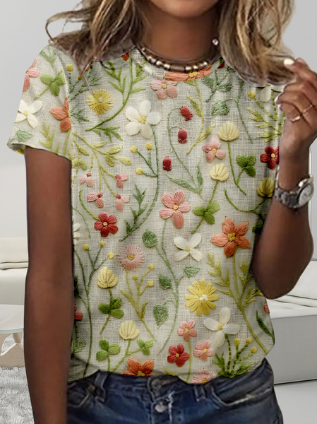Simple Floral Printing Crew Neck T-Shirt, Green, T-shirts
