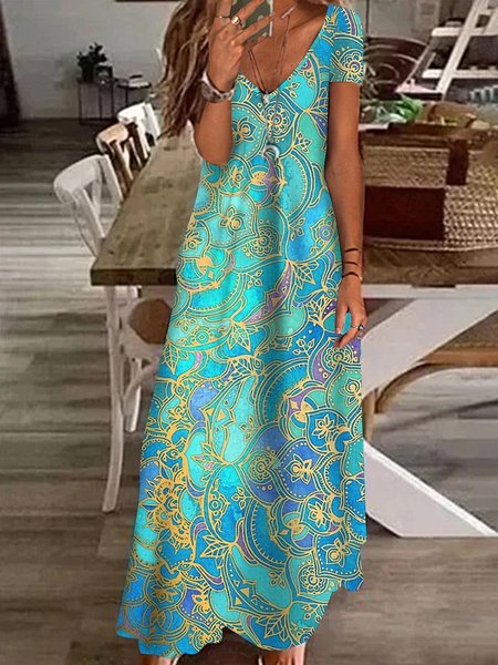 

Women Ethnic V Neck Short Sleeve Comfy Casual Maxi Dress, Blue, Dresses