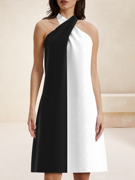 

Women Color Block Halter Sleeveless Comfy Casual Short Dress, Black-white, Midi