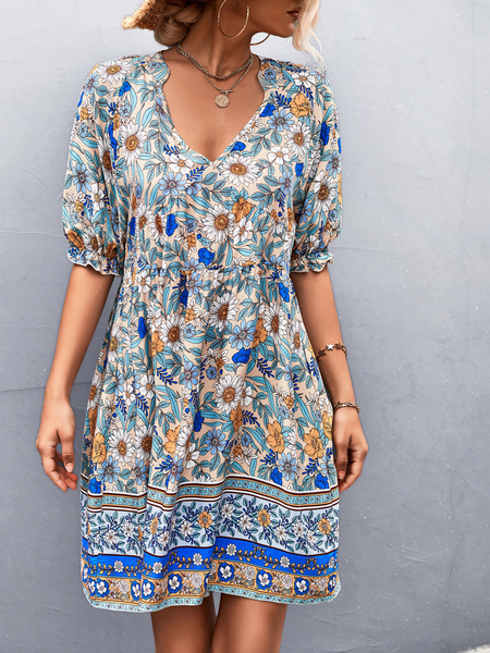 

Women Disty Floral V Neck Short Sleeve Comfy Casual Midi Dress, Multicolor, Dresses