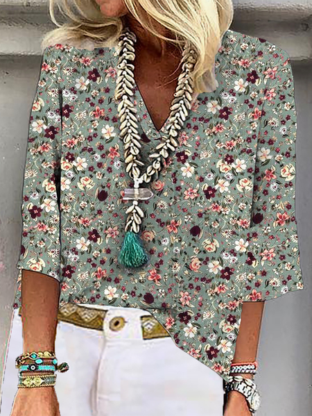 

V Neck Long Sleeve Floral Regular Loose Shirt For Women, Green, Blouses