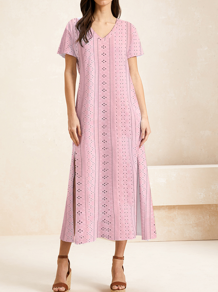 Women Plain V Neck Short Sleeve Comfy Casual Maxi Dress, Pink, Dresses